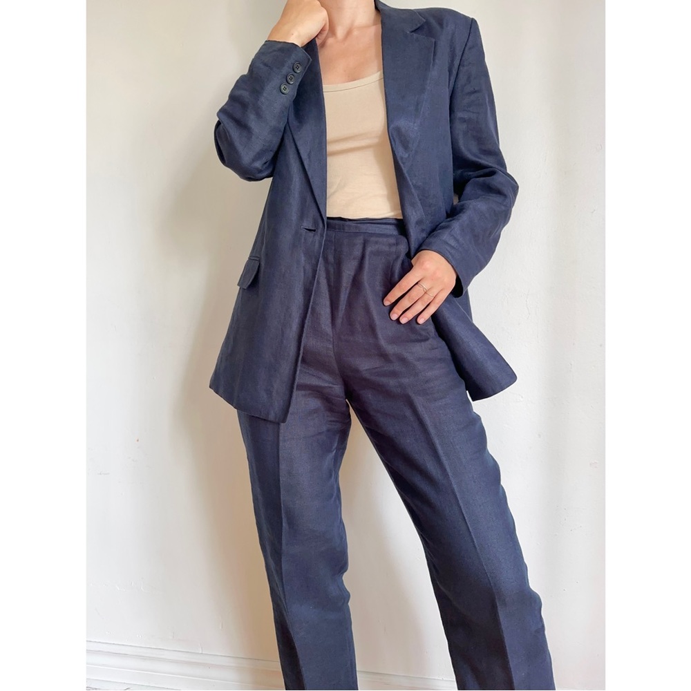 VINTAGE NAVY LINEN BLAZER PANTSUIT TALBOTS ONE BUTTON HIGH RISE DRESS PANTS S-M
